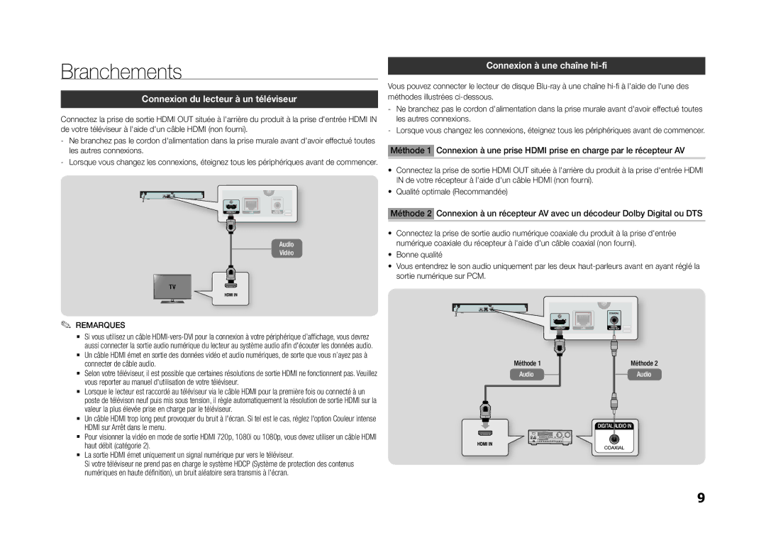 Samsung BD-F5500/EN, BD-F5500E/ZF manual Branchements, Connexion du lecteur à un téléviseur, Connexion à une chaîne hi-fi 