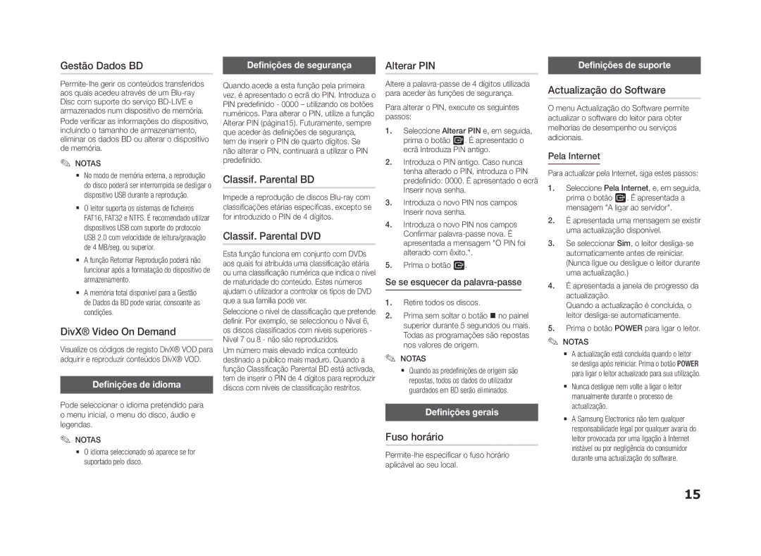 Samsung BD-F5500/EN manual Gestão Dados BD, DivX Video On Demand, Classif. Parental BD, Classif. Parental DVD, Alterar PIN 