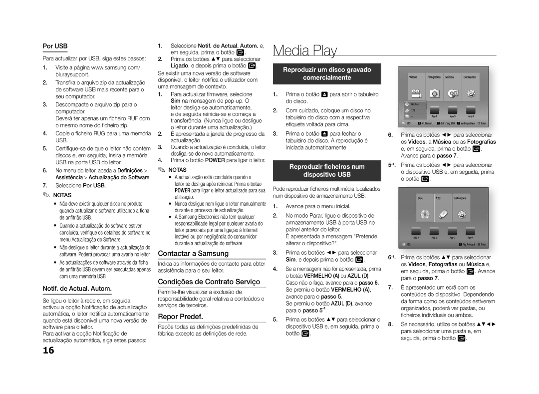 Samsung BD-F5500E/ZF manual Contactar a Samsung, Condições de Contrato Serviço, Repor Predef, Notif. de Actual. Autom, Usb 