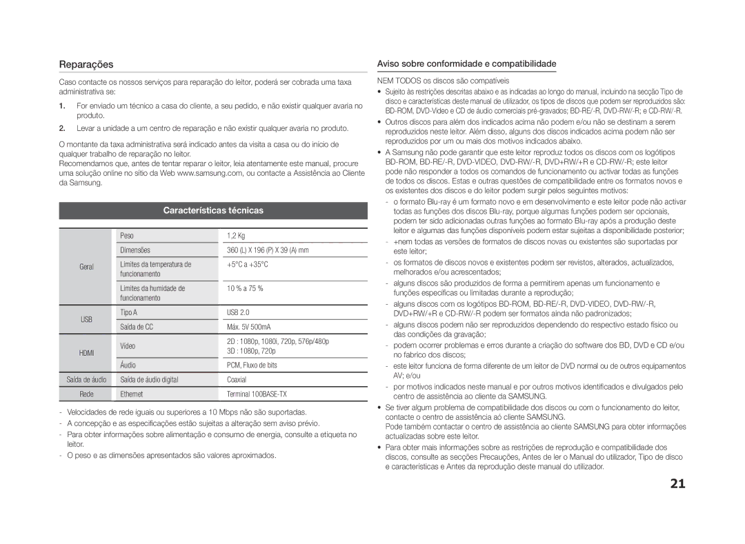 Samsung BD-F5500/EN, BD-F5500E/ZF manual Reparações, Características técnicas, Aviso sobre conformidade e compatibilidade 