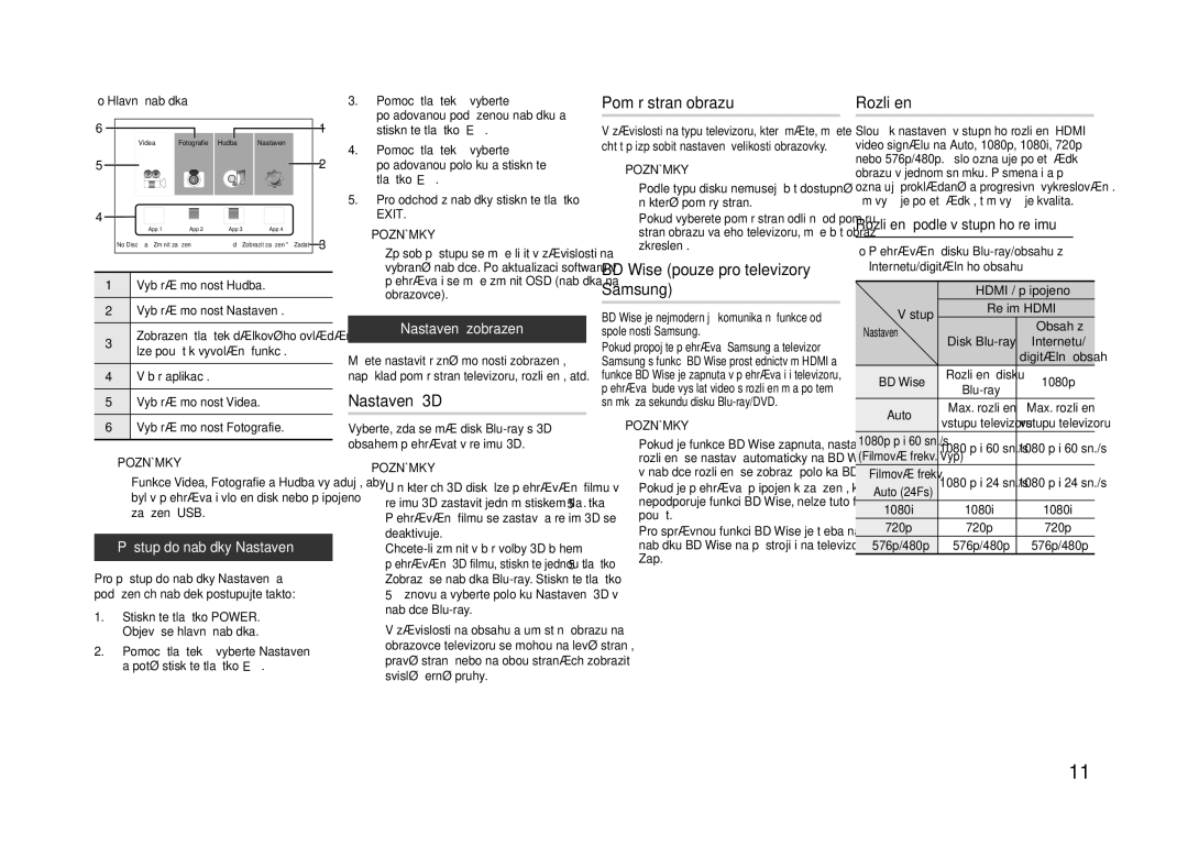 Samsung BD-F5500/EN manual Nastavení 3D, Poměr stran obrazu, BD Wise pouze pro televizory Samsung, Rozlišení 