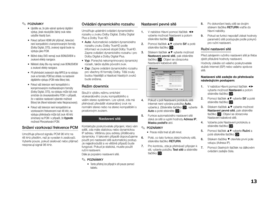 Samsung BD-F5500/EN Snížení vzorkovací frekvence PCM, Ovládání dynamického rozsahu, Režim downmix, Nastavení pevné sítě 