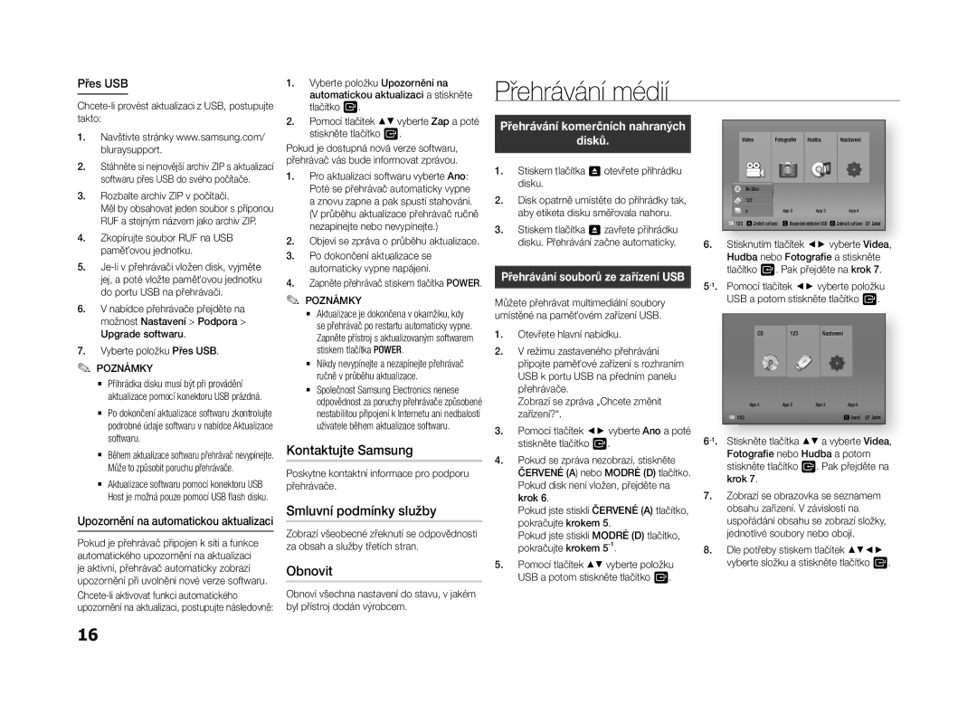 Samsung BD-F5500/EN manual Přehrávání médií, Kontaktujte Samsung, Smluvní podmínky služby, Obnovit, Disků 