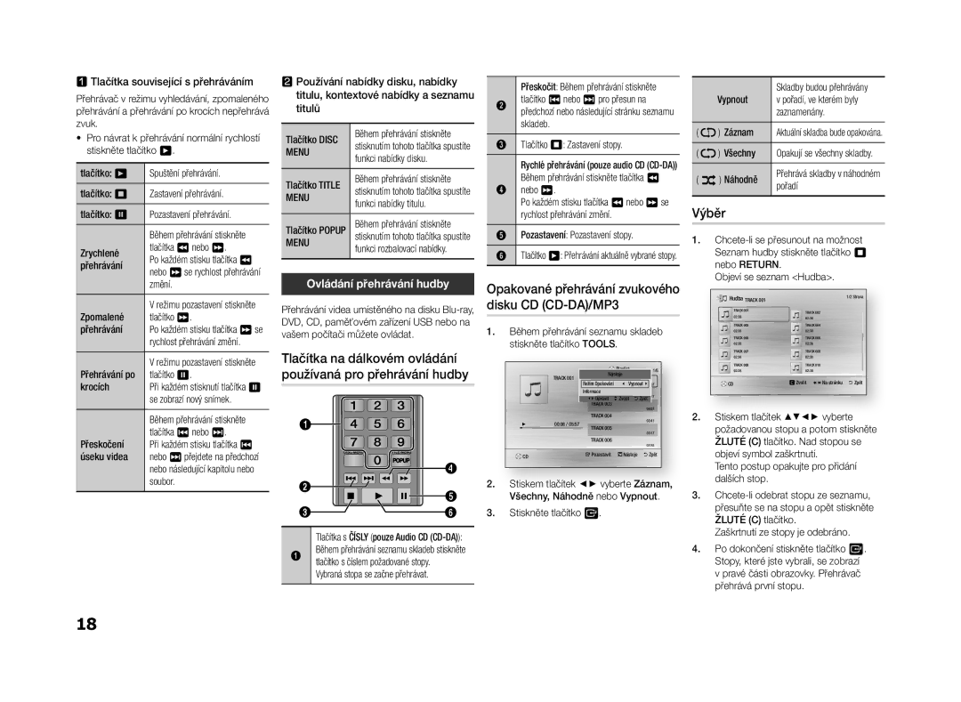 Samsung BD-F5500/EN manual Výběr, Ovládání přehrávání hudby, Opakované přehrávání zvukového disku CD CD-DA/MP3, Menu 