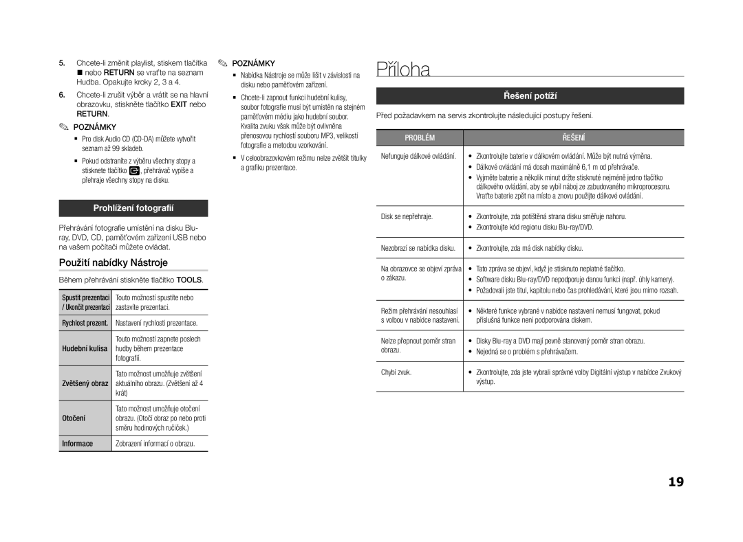 Samsung BD-F5500/EN manual Příloha, Použití nabídky Nástroje, Prohlížení fotografií, Řešení potíží, Return Poznámky 