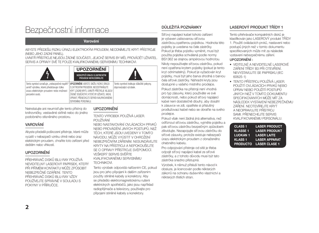 Samsung BD-F5500/EN manual Bezpečnostní informace, Varování, Tento Výrobek Používá LASER. Používání 