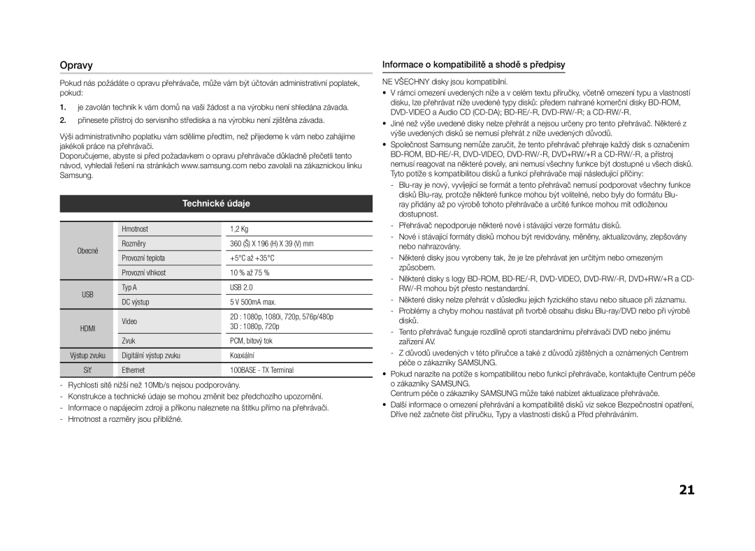 Samsung BD-F5500/EN manual Opravy, Technické údaje, Informace o kompatibilitě a shodě s předpisy 