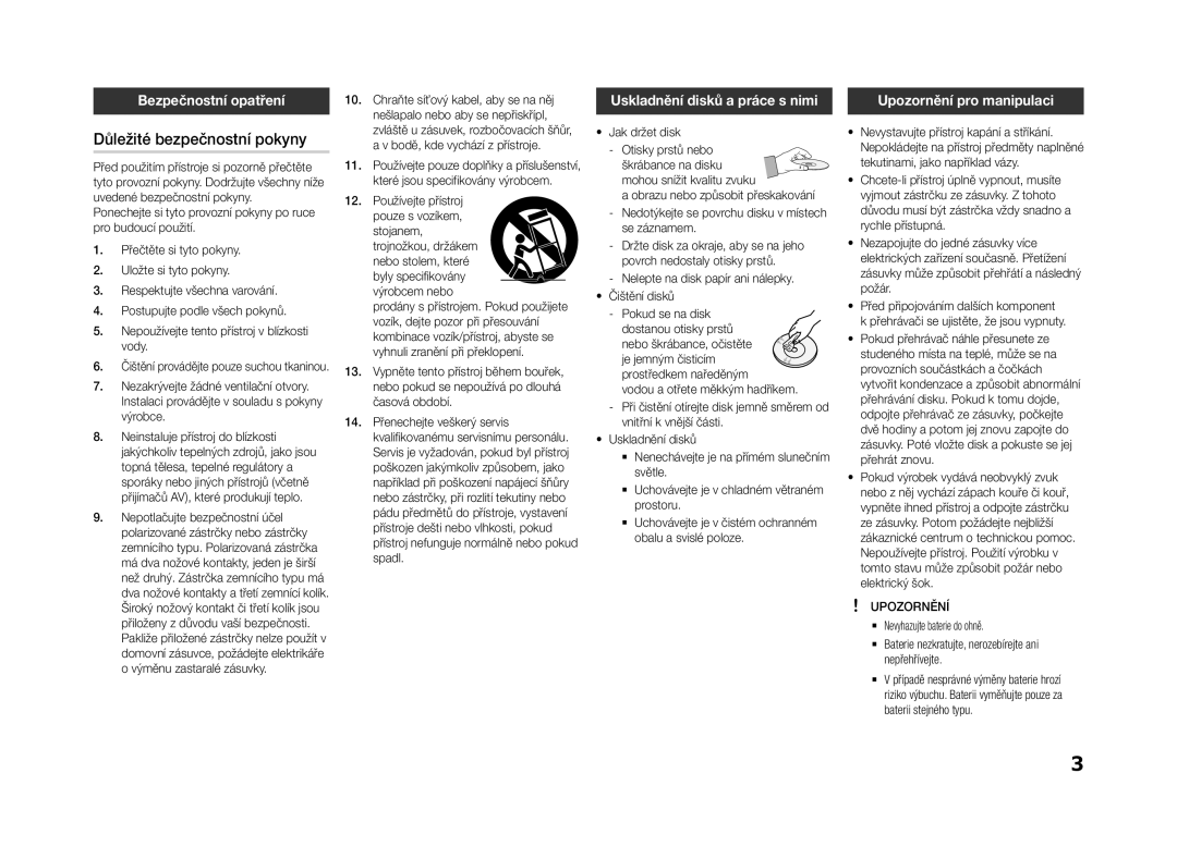 Samsung BD-F5500/EN manual Důležité bezpečnostní pokyny, Bezpečnostní opatření, Uskladnění disků a práce s nimi, Upozornění 