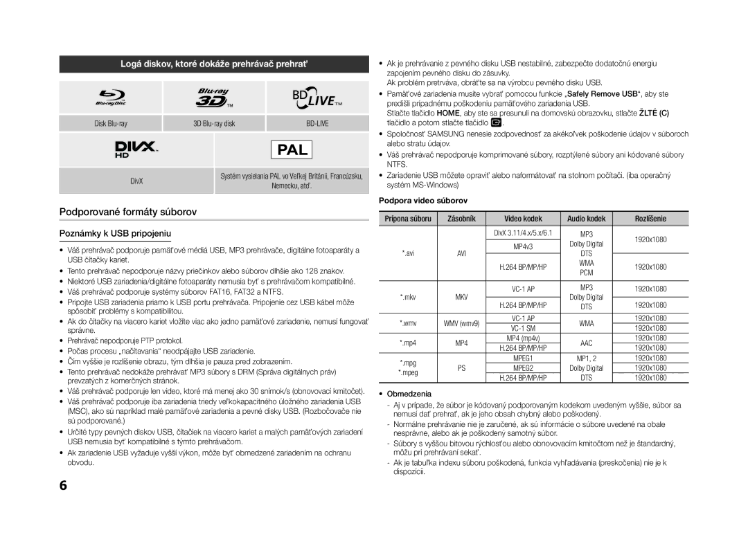 Samsung BD-F5500/EN Podporované formáty súborov, Logá diskov, ktoré dokáže prehrávač prehrať, Poznámky k USB pripojeniu 