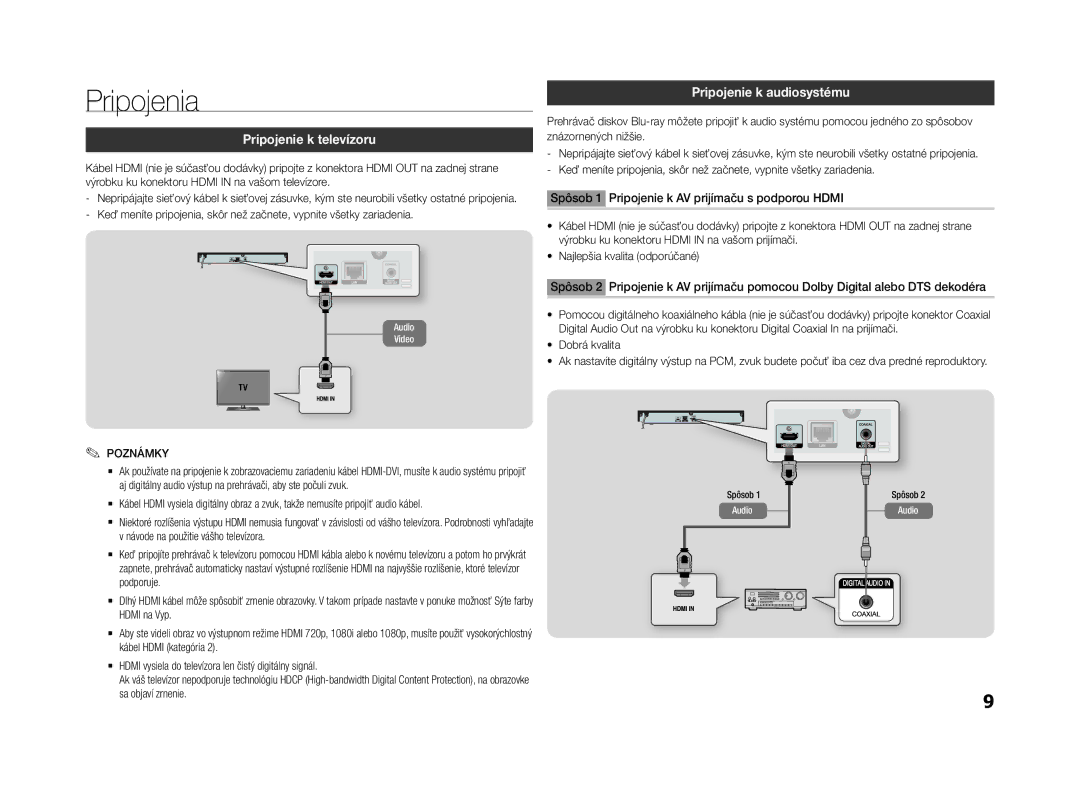 Samsung BD-F5500/EN manual Pripojenia, Pripojenie k televízoru, Pripojenie k audiosystému, Spôsob 