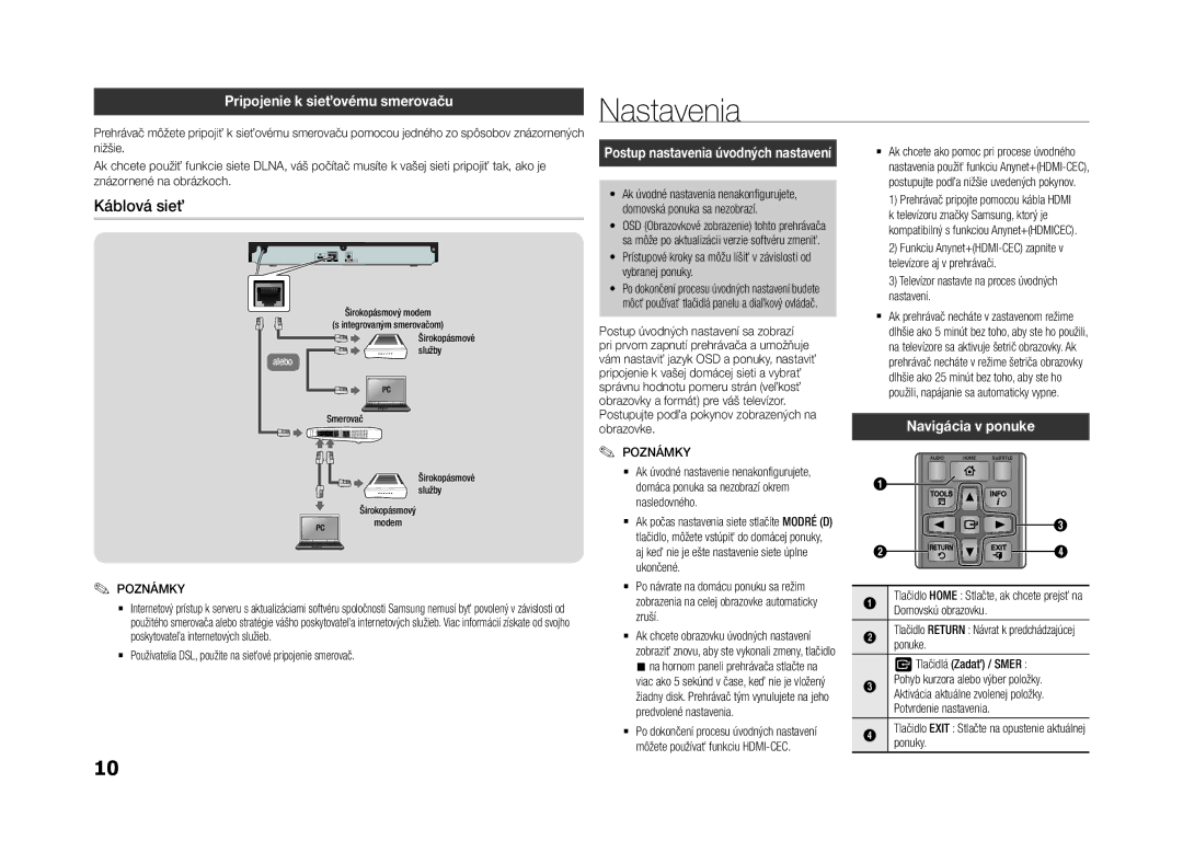 Samsung BD-F5500/EN manual Nastavenia, Káblová sieť, Pripojenie k sieťovému smerovaču, Navigácia v ponuke 