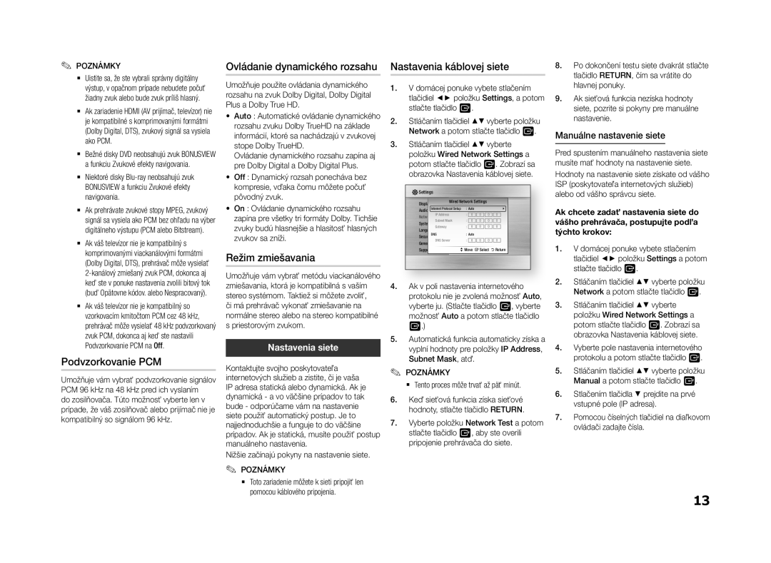 Samsung BD-F5500/EN manual Podvzorkovanie PCM, Ovládanie dynamického rozsahu, Režim zmiešavania, Nastavenia káblovej siete 