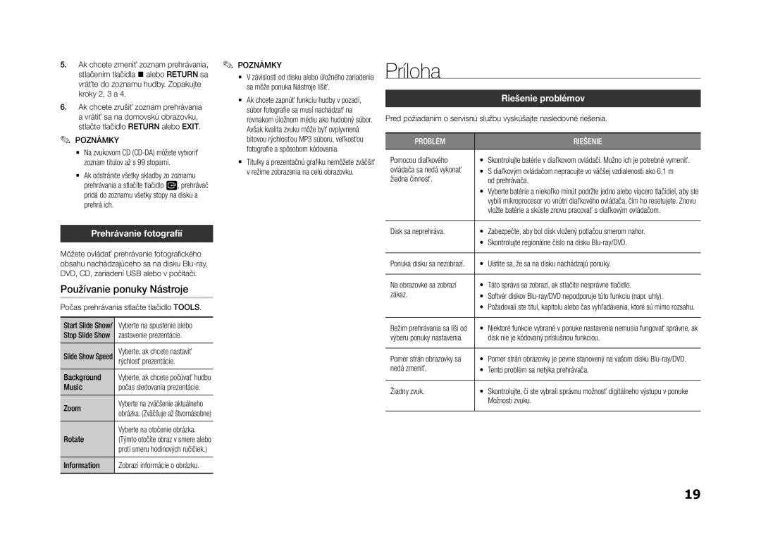 Samsung BD-F5500/EN manual Príloha, Používanie ponuky Nástroje, Prehrávanie fotografií, Riešenie problémov 