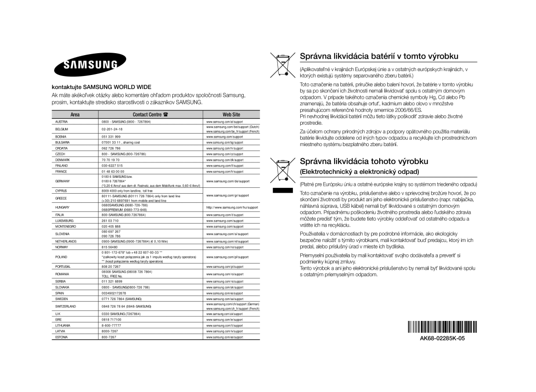 Samsung BD-F5500/EN manual Kontaktujte Samsung World Wide, Area Contact Centre  Web Site 