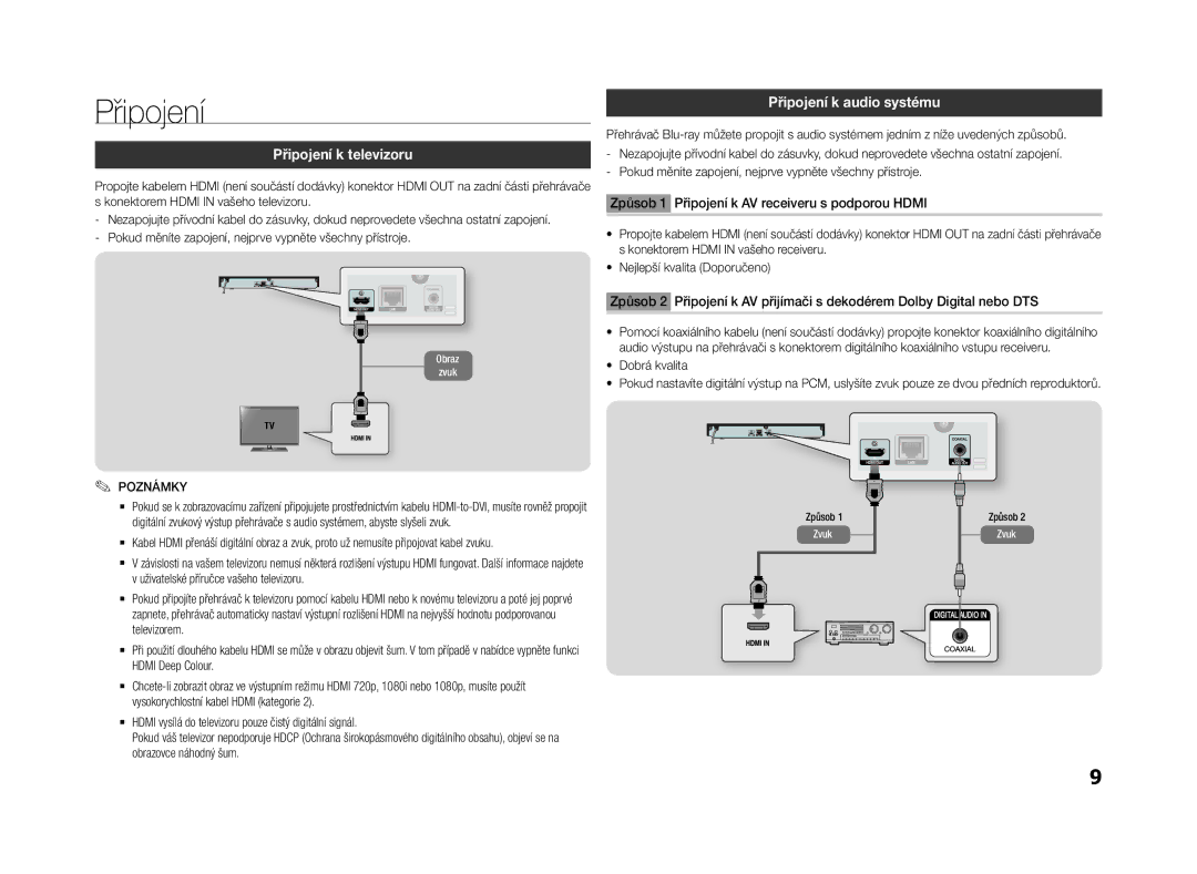 Samsung BD-F5500/EN manual Připojení k televizoru, Připojení k audio systému, Dobrá kvalita 