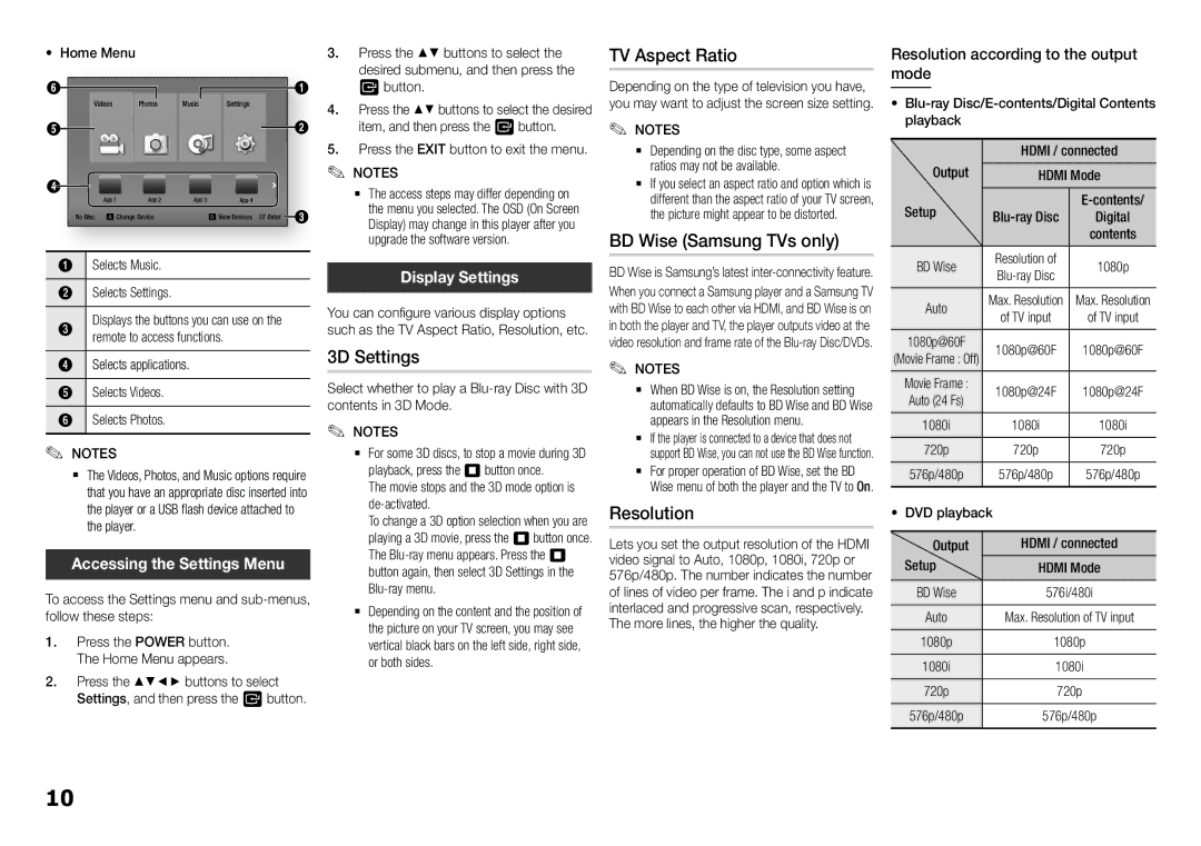 Samsung BD-F5500K user manual 3D Settings, TV Aspect Ratio, BD Wise Samsung TVs only, Resolution 