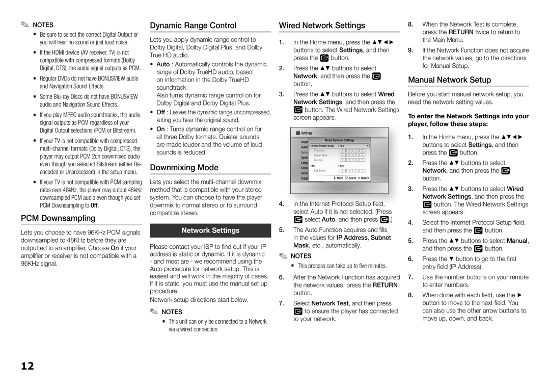 Samsung BD-F5500K Dynamic Range Control, PCM Downsampling, Downmixing Mode, Manual Network Setup, Network Settings 