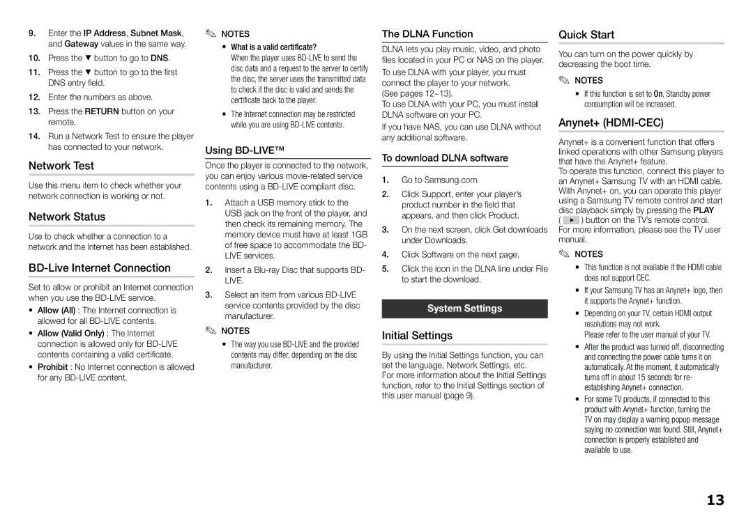 Samsung BD-F5500K user manual Network Test, Network Status, BD-Live Internet Connection, Initial Settings, Quick Start 