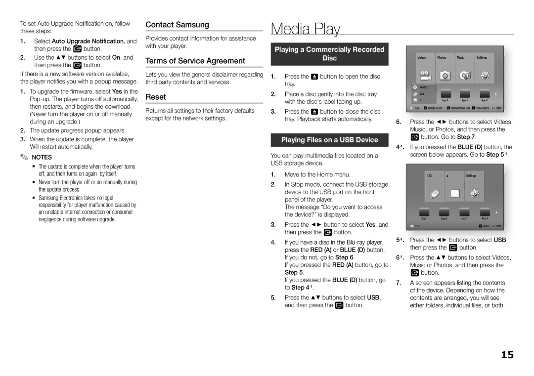 Samsung BD-F5500K user manual Media Play, Contact Samsung, Terms of Service Agreement, Reset, Playing Files on a USB Device 