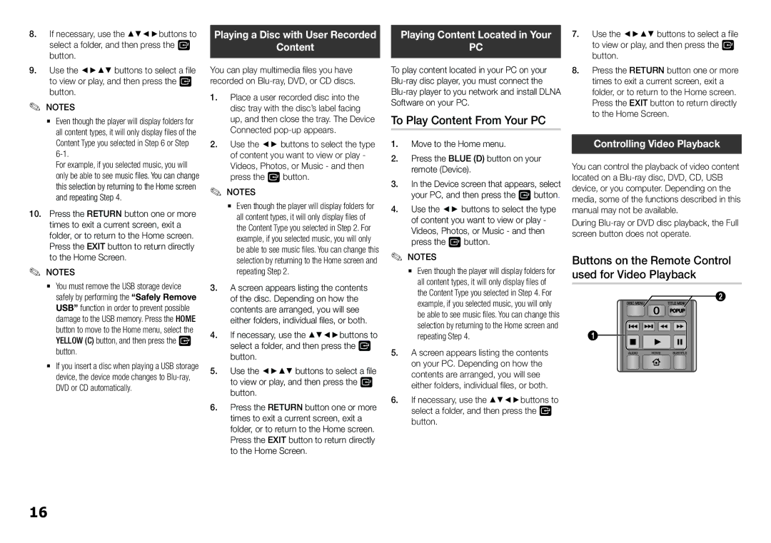 Samsung BD-F5500K user manual To Play Content From Your PC, Playing Content Located in Your, Controlling Video Playback 