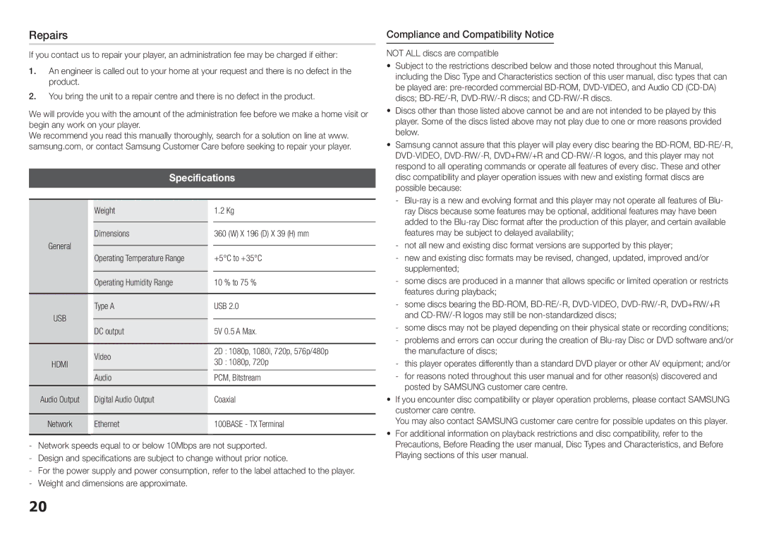 Samsung BD-F5500K user manual Repairs, Specifications, Compliance and Compatibility Notice 