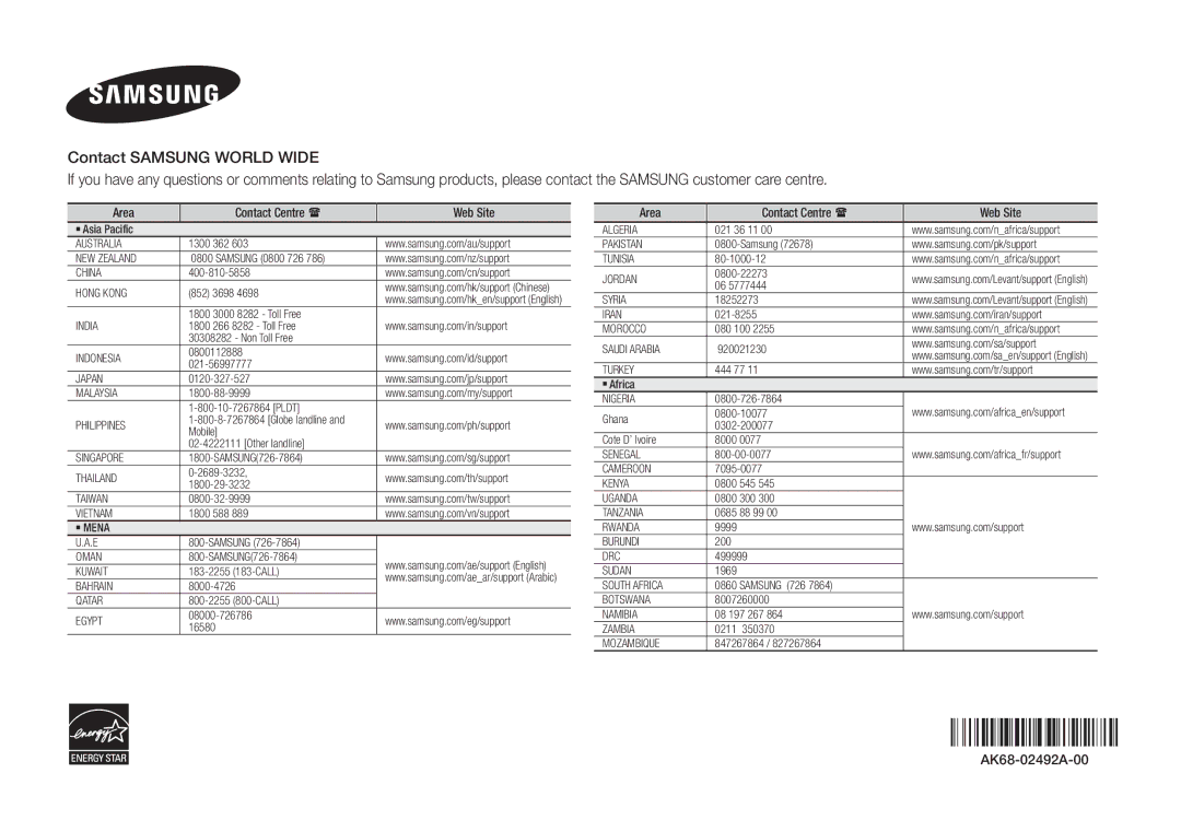 Samsung BD-F5500K user manual Area Contact Centre  Web Site, AK68-02492A-00 