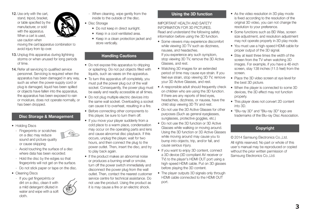 Samsung BD-F5500K user manual Disc Storage & Management, Handling Cautions, Using the 3D function, Copyright 