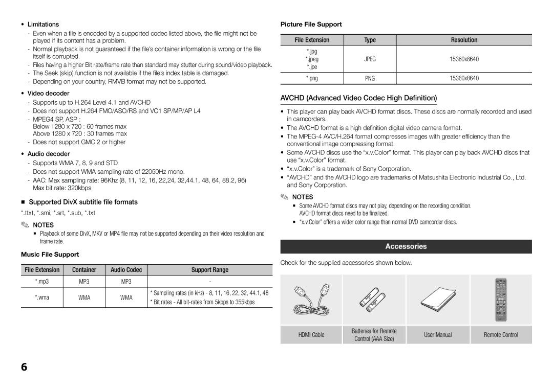 Samsung BD-F5500K user manual Avchd Advanced Video Codec High Definition, Accessories, File Extension 