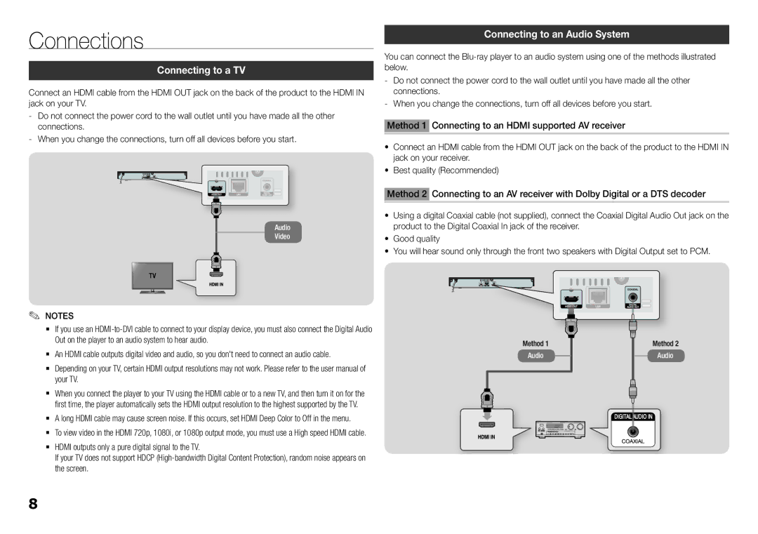 Samsung BD-F5500K user manual Connections, Connecting to a TV, Connecting to an Audio System 