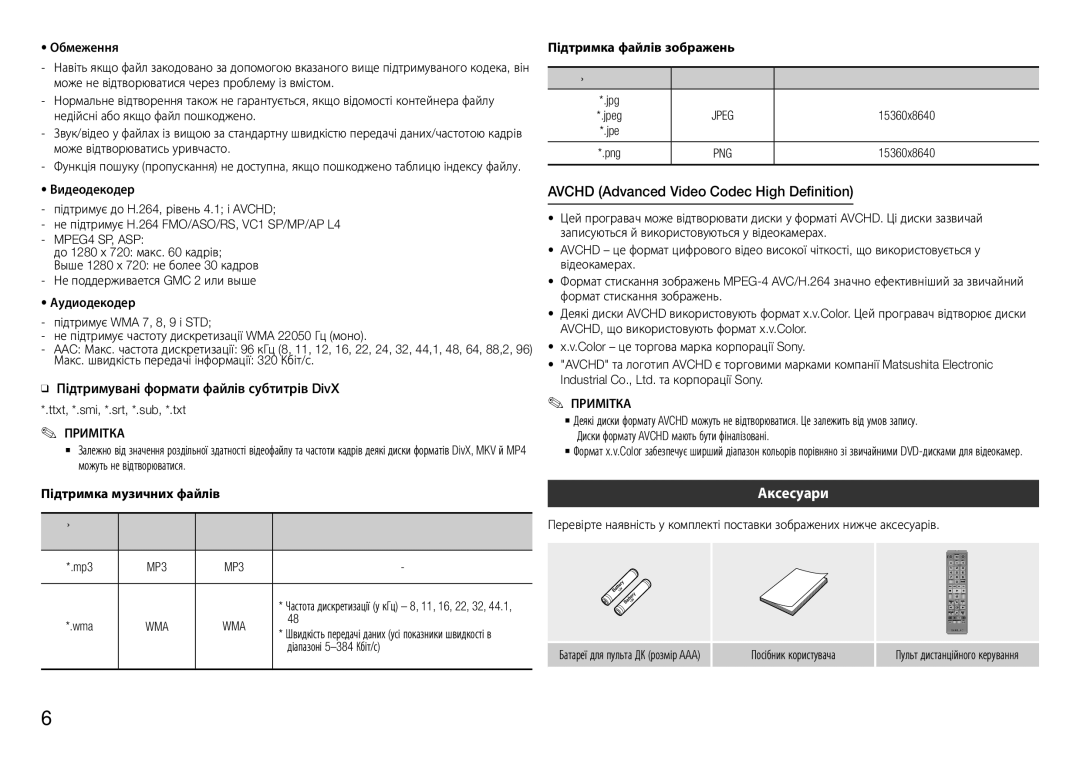 Samsung BD-F5500K/RU manual Аксесуари, Підтримувані формати файлів субтитрів DivX, Підтримка музичних файлів 