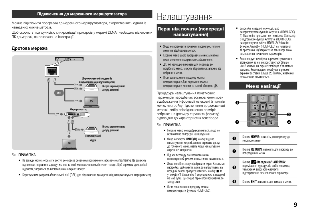 Samsung BD-F5500K/RU manual Налаштування, Дротова мережа, Підключення до мережного маршрутизатора, Широкосмуговий Модем 