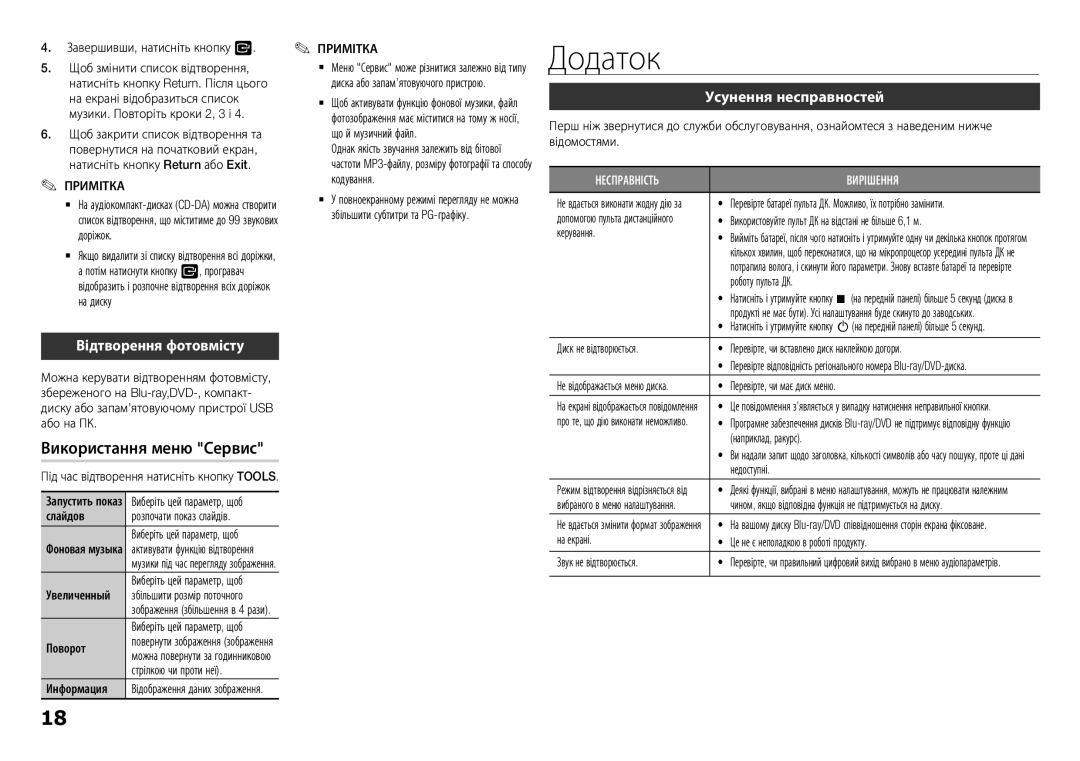 Samsung BD-F5500K/RU manual Додаток, Використання меню Сервис, Відтворення фотовмісту, Усунення несправностей 