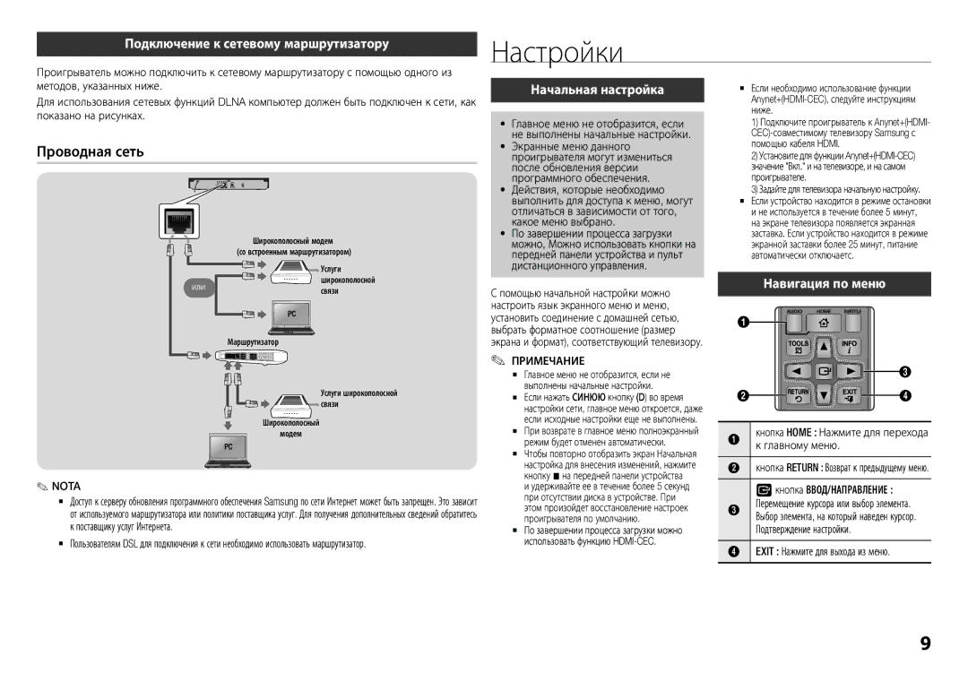 Samsung BD-F5500K/RU manual Настройки, Проводная сеть, Подключение к сетевому маршрутизатору, Начальная настройка 