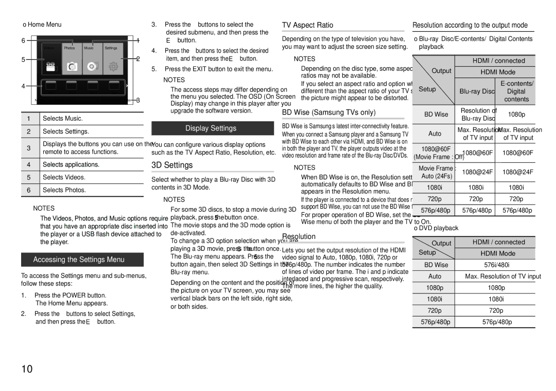 Samsung BD-F5500/SQ manual 3D Settings, Accessing the Settings Menu, Display Settings 