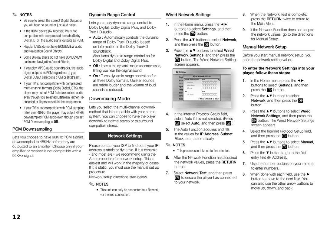 Samsung BD-F5500/SQ manual Downmixing Mode, Dynamic Range Control, PCM Downsampling, Network Settings, Manual Network Setup 