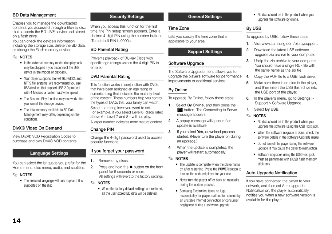 Samsung BD-F5500/SQ manual Language Settings, Security Settings, General Settings, Support Settings 