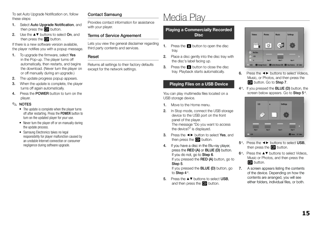 Samsung BD-F5500/SQ manual Media Play, Contact Samsung, Terms of Service Agreement, Reset 