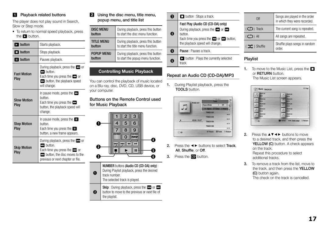 Samsung BD-F5500/SQ manual Controlling Music Playback, Buttons on the Remote Control used for Music Playback, Playlist 