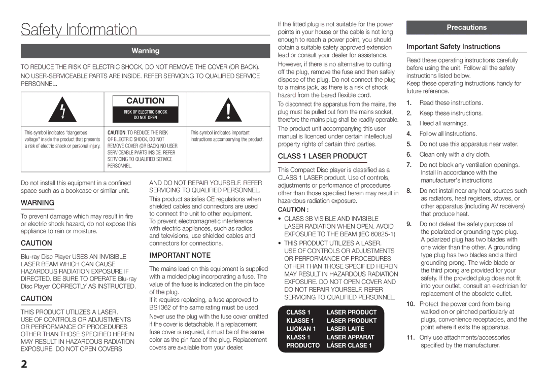 Samsung BD-F5500/SQ manual Safety Information, Precautions, Important Safety Instructions, Class 1 Laser product 