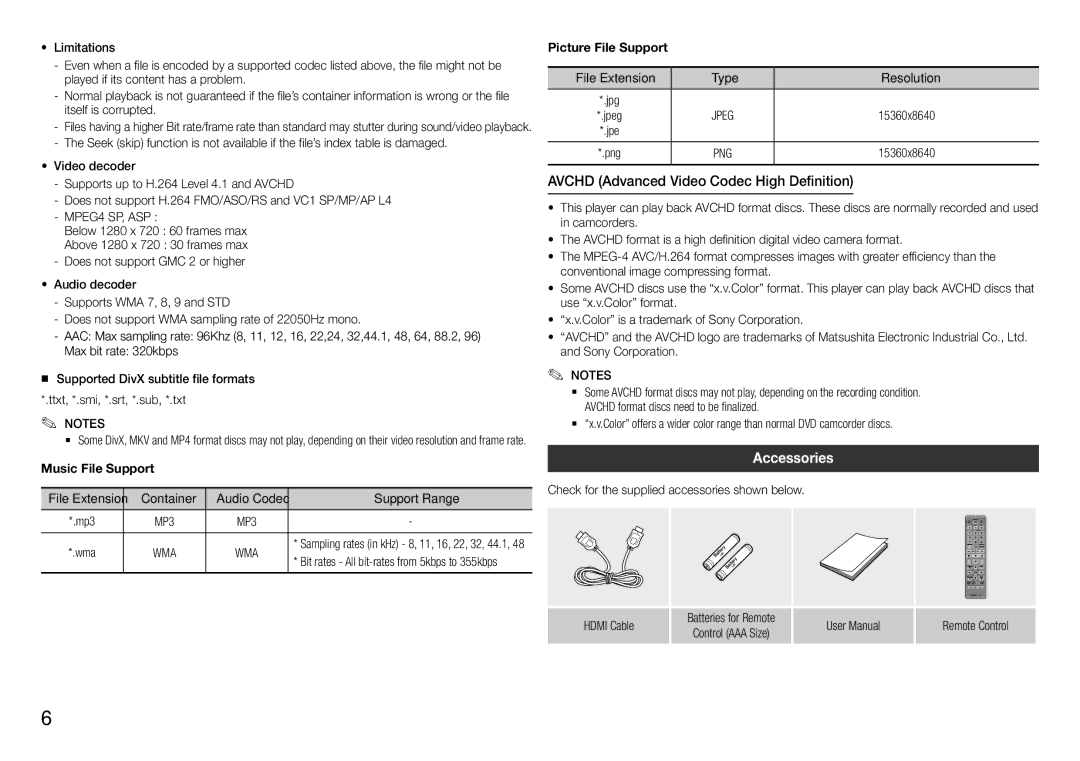 Samsung BD-F5500/SQ manual Avchd Advanced Video Codec High Definition, Accessories, File Extension 