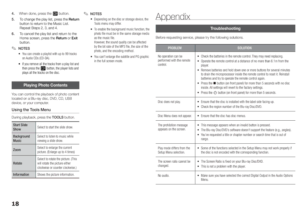 Samsung BD-F5500/UM manual Appendix, Playing Photo Contents, Troubleshooting 