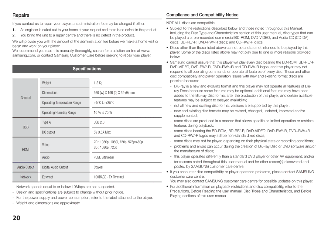 Samsung BD-F5500/UM manual Specifications, Compliance and Compatibility Notice 