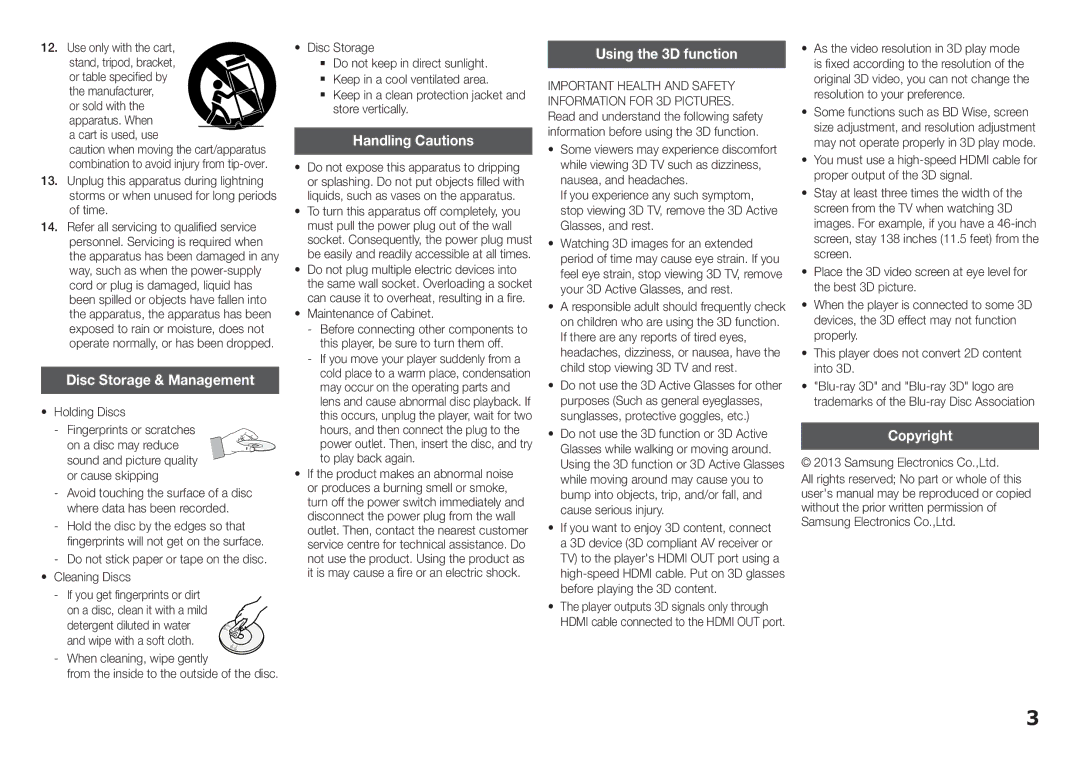 Samsung BD-F5500/UM manual Disc Storage & Management, Handling Cautions, Using the 3D function, Copyright 