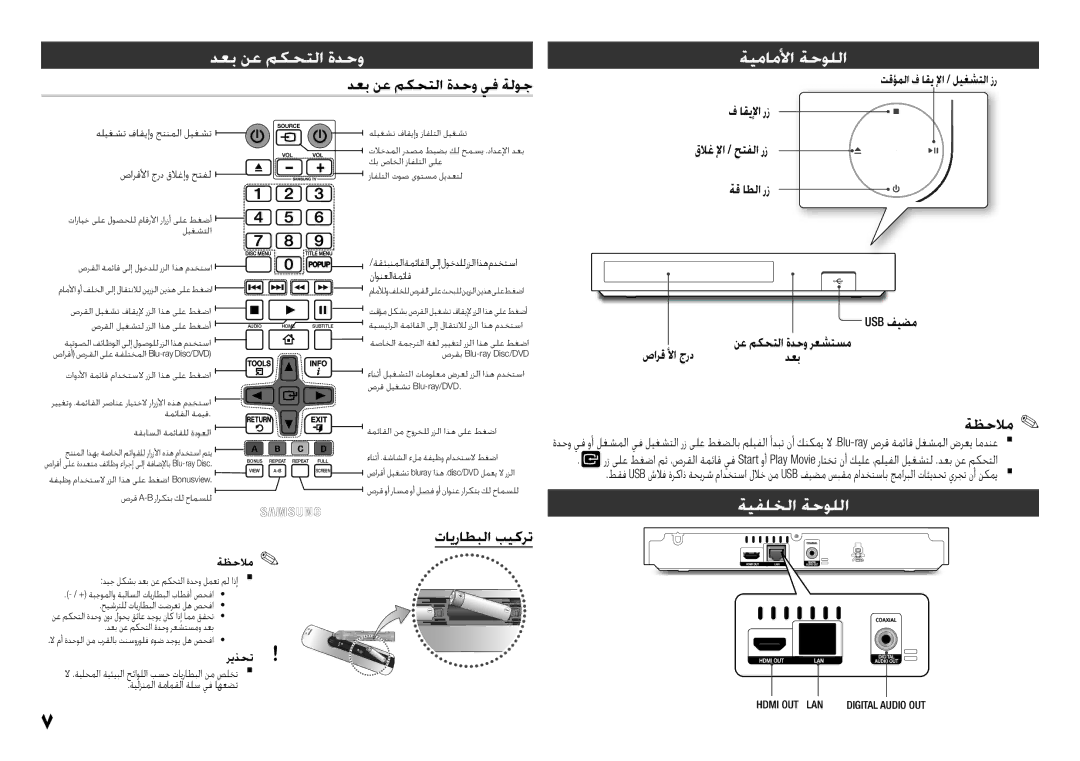 Samsung BD-F5500/UM manual ةيماملأا ةحوللا, ةيفلخلا ةحوللا, دعب نع مكحتلا ةدحو يف ةلوج, تايراطبلا بيكرت 