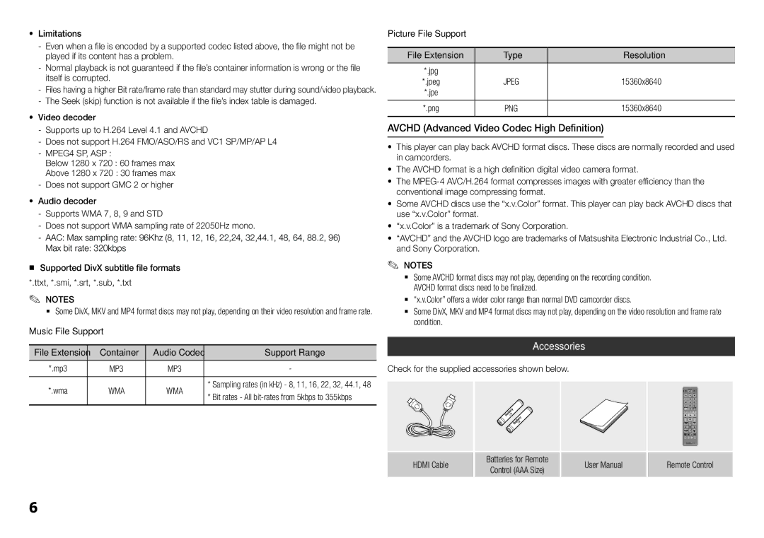 Samsung BD-F5500/UM manual Avchd Advanced Video Codec High Definition, Accessories, File Extension 