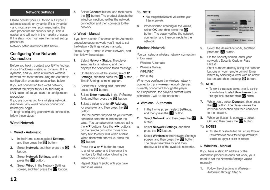 Samsung BD-F5700, BDF5700 Configuring Your Network, Connection, Network Settings, Wireless Network, Wired Network 