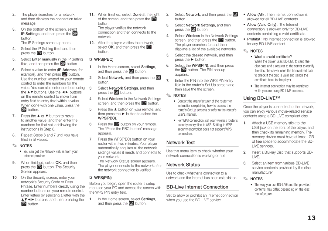 Samsung BDF5700, BD-F5700 user manual Network Test, Network Status, BD-Live Internet Connection, Using BD-LIVE 