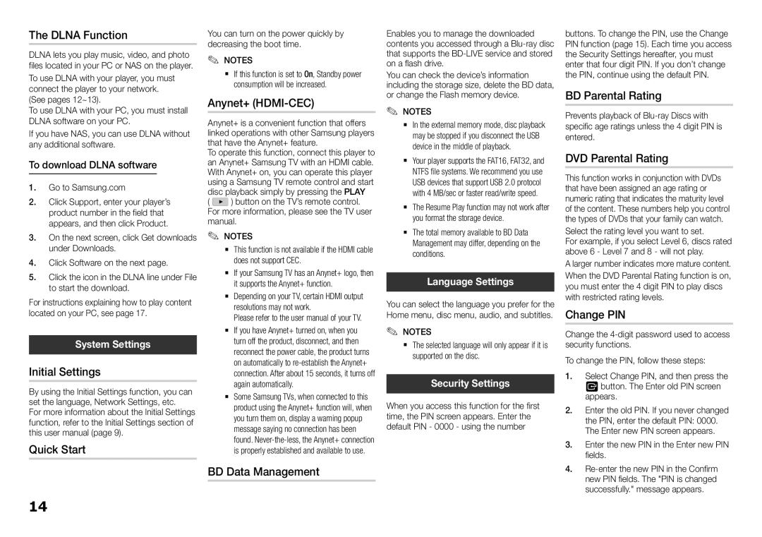 Samsung BD-F5700 Dlna Function, Initial Settings, Quick Start, Anynet+ HDMI-CEC, BD Data Management, BD Parental Rating 