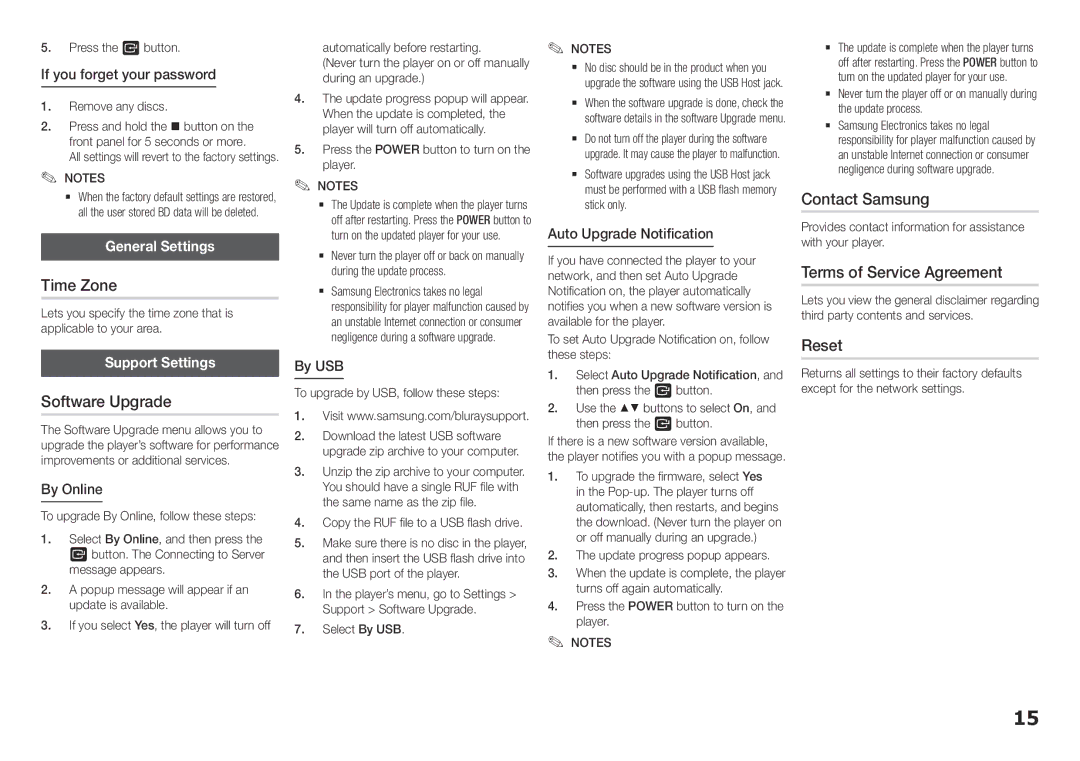 Samsung BDF5700, BD-F5700 user manual Time Zone, Software Upgrade, Contact Samsung, Terms of Service Agreement, Reset 