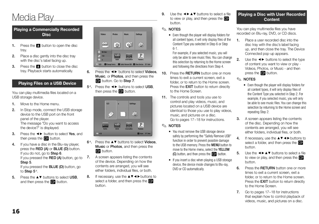 Samsung BD-F5700, BDF5700 user manual Media Play, Playing a Disc with User Recorded Content, Usb 